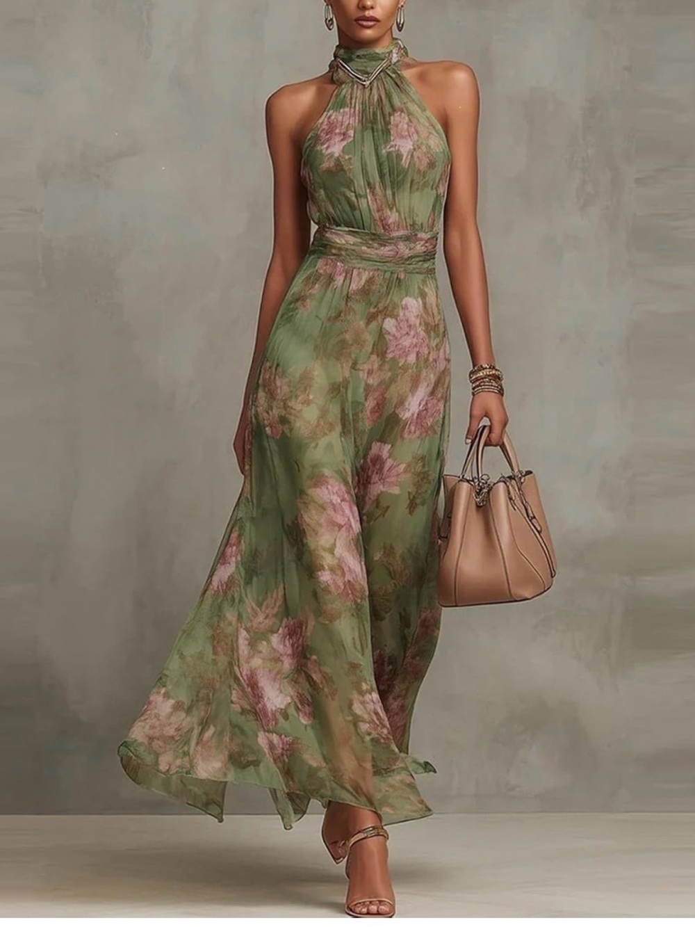 Green Floral Halter Maxi Dress with Pink Bloom Accents